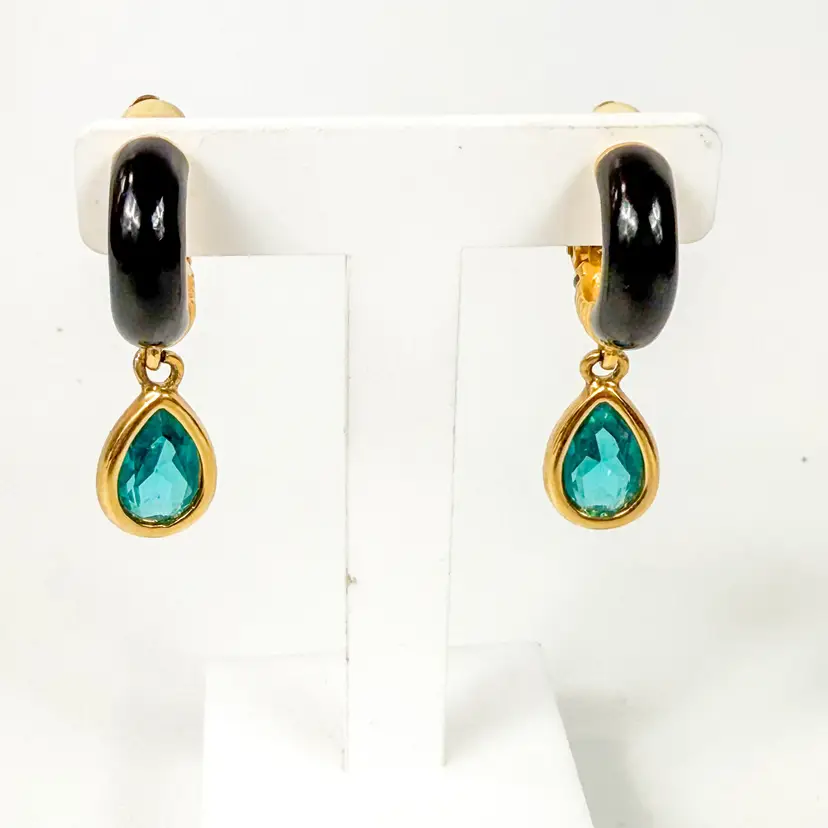 Swarovski Clip ons Black Enamel and Aqua drop Rhinestones