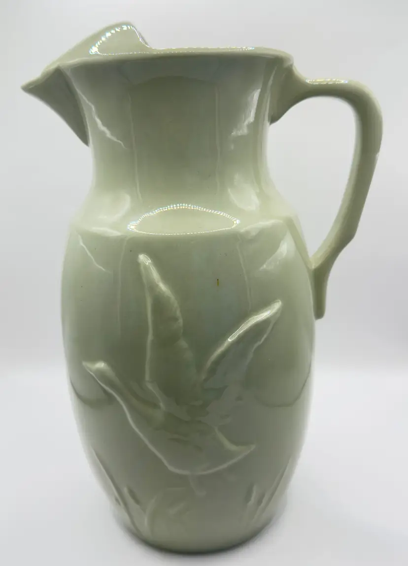 Vintage Celadon Sage Green Ceramic Pitcher Mallard Duck Bird Motif, Elegant Embossed Design, Collectible Home Decor, Handcrafted, Unbranded