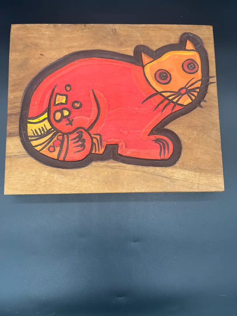 Hand Carved Wooden Folk Art Wall Hanging - Orange Cat