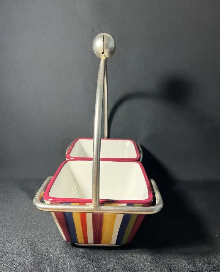 Pampered Chef Simple Additions Square Striped Serving Bowls In Caddy