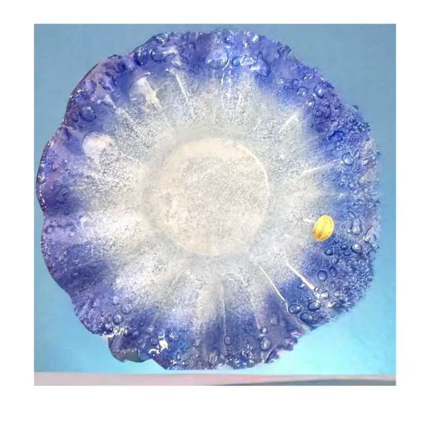 Vintage Murano Venetian Bullicante Blue & White Ruffled Hand Blown Plate 8.5”