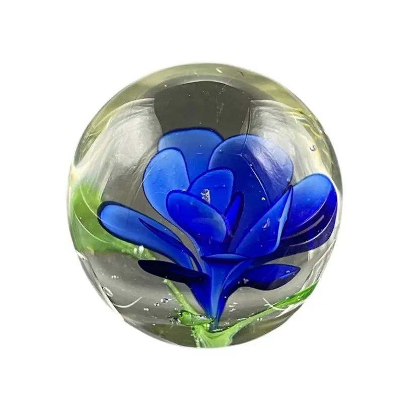 Art Glass Paperweight Blue Flower Small Vintage Home Decor