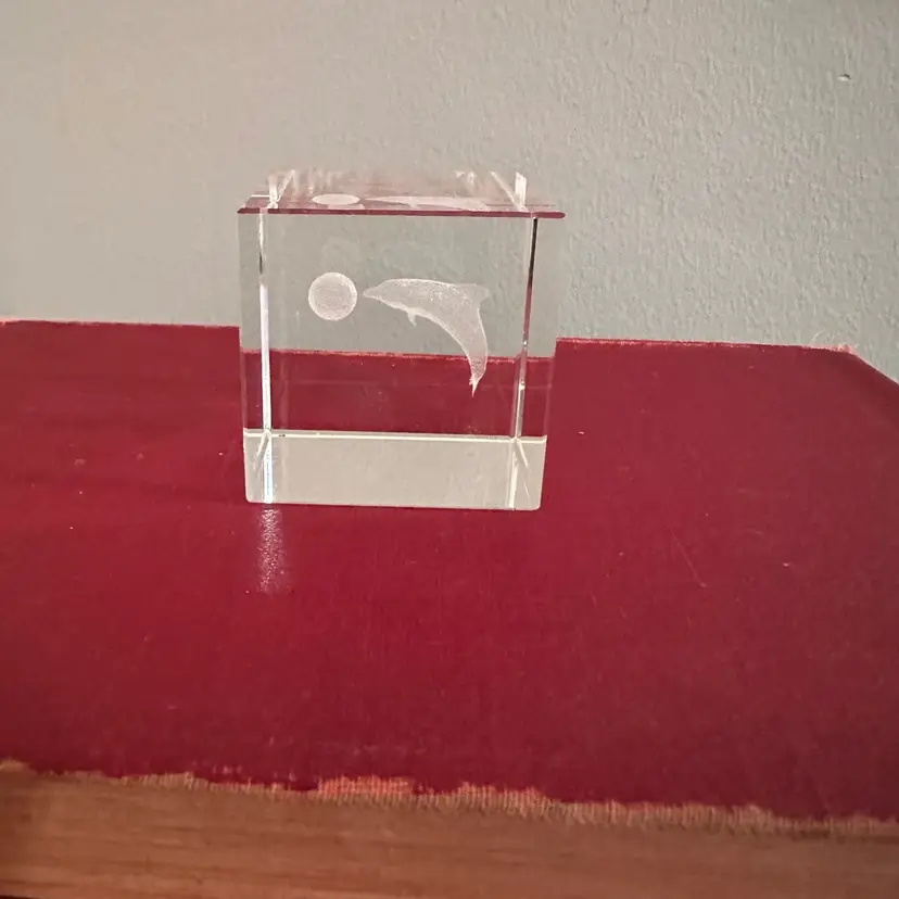 Vintage 3D Etched Glass Dolphin Paperweight