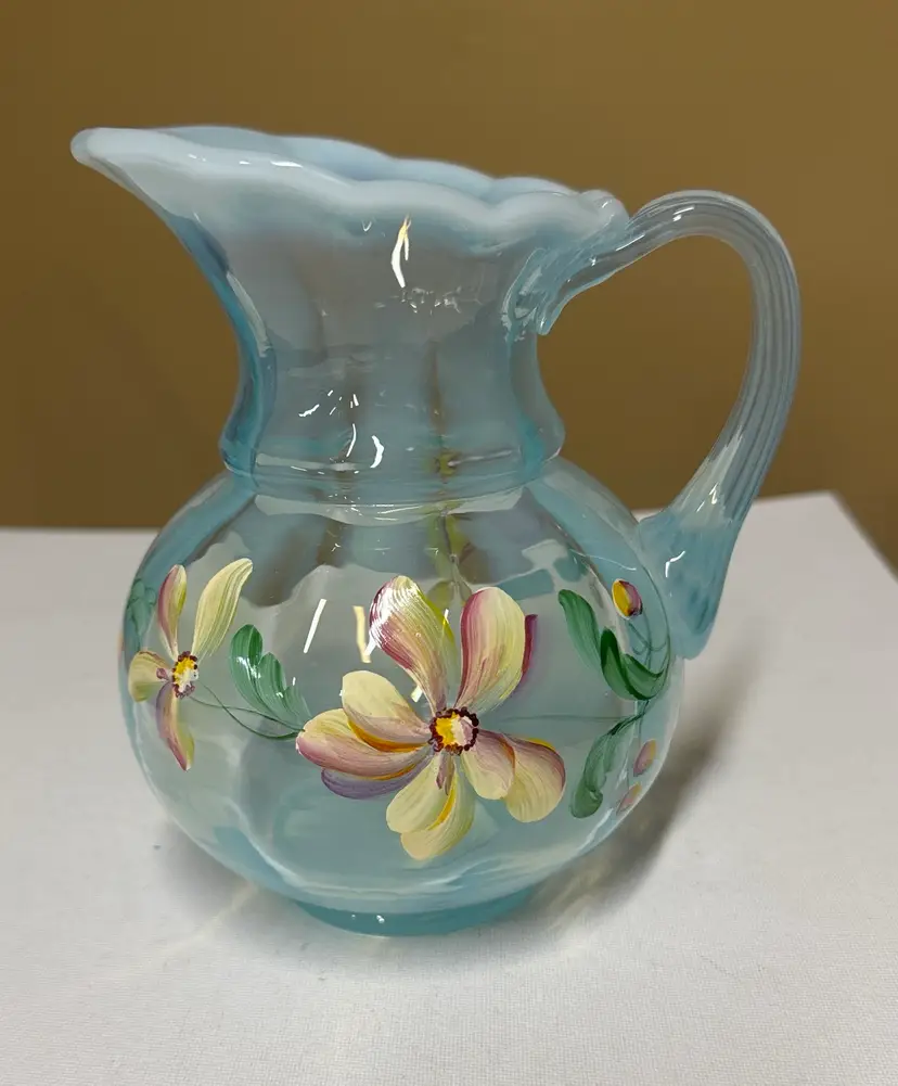 Fenton Opalescent Misty Blue Pitcher Vase Hand Painted Flowers Signed 7” tall