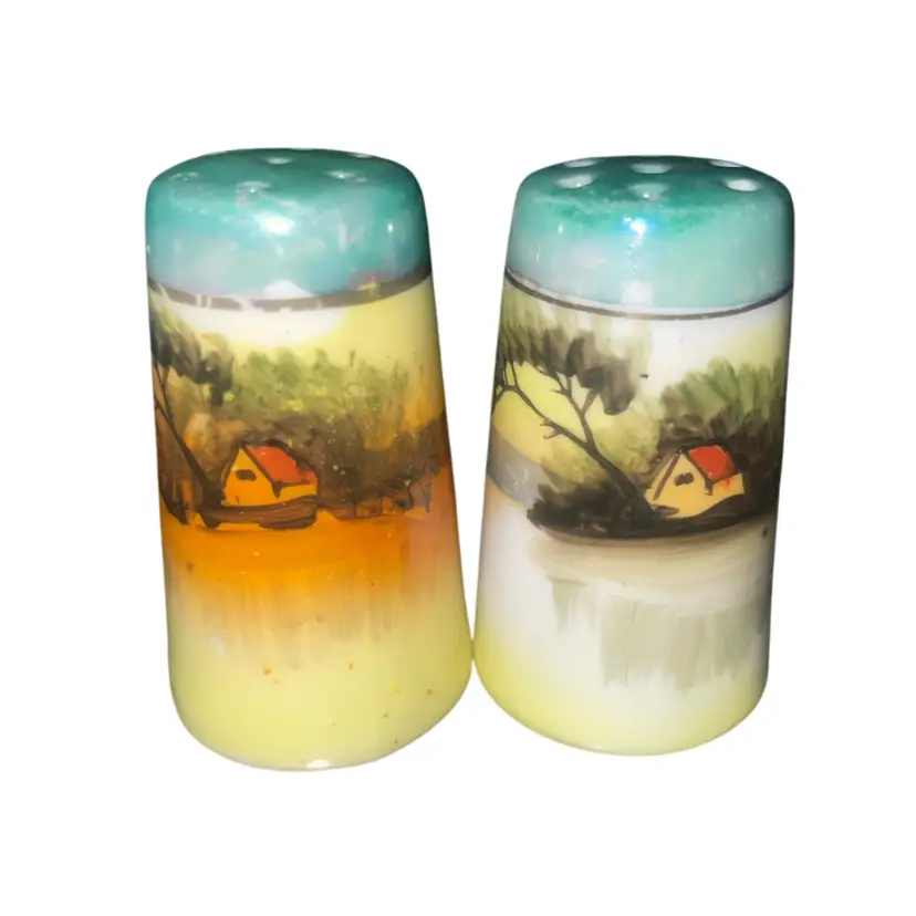 VTG Japan Hand painted Salt & Pepper Shakers Cottage On A Lake 2" H