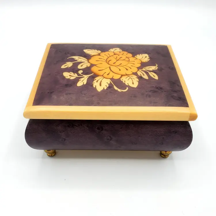 Vintage Italian Inlaid Wood Musical Jewelry Box, Purple With Orange Florals, Brass Feet