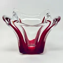 Vintage Koshida Japan MCM ruby red and clear pulled square art glass bowl