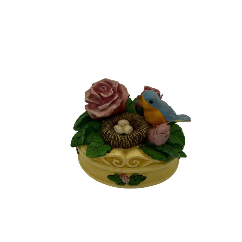 Blue Bird Nest Oval Key Holder/ Trinket Box With Pink Roses Vintage