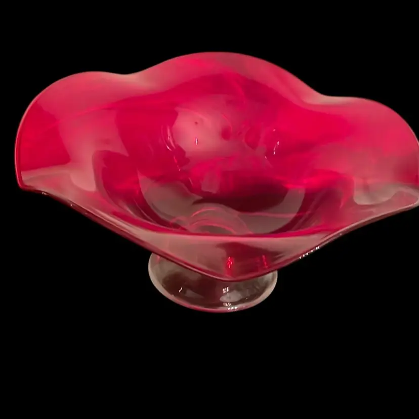 Hand Blown Cranberry Art Glass Ruffled Pedestal Bowl