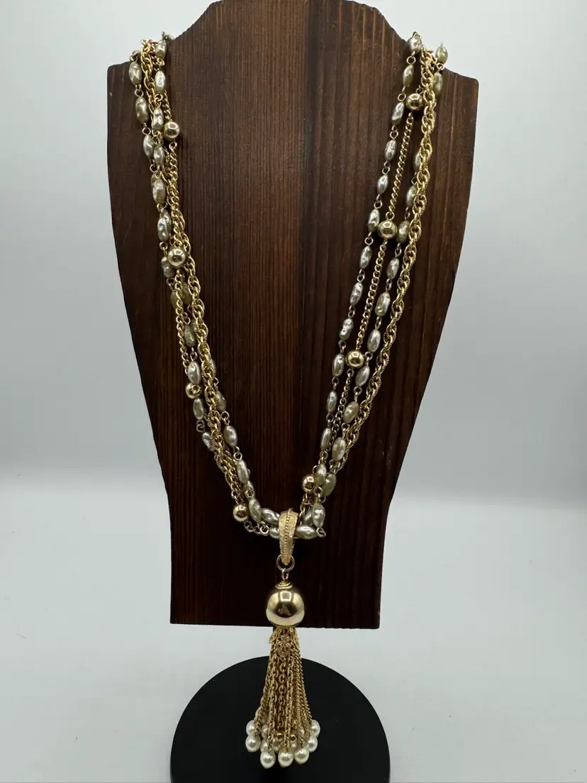 Kramer Of New York Faux Pearl Gold Tone Tassel Necklace - Vintage Clap 20” As Is
