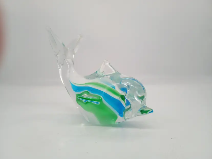 Hand Blown Art Glass Dolphin Tail Up Green White & Blue Figurine Paperweight