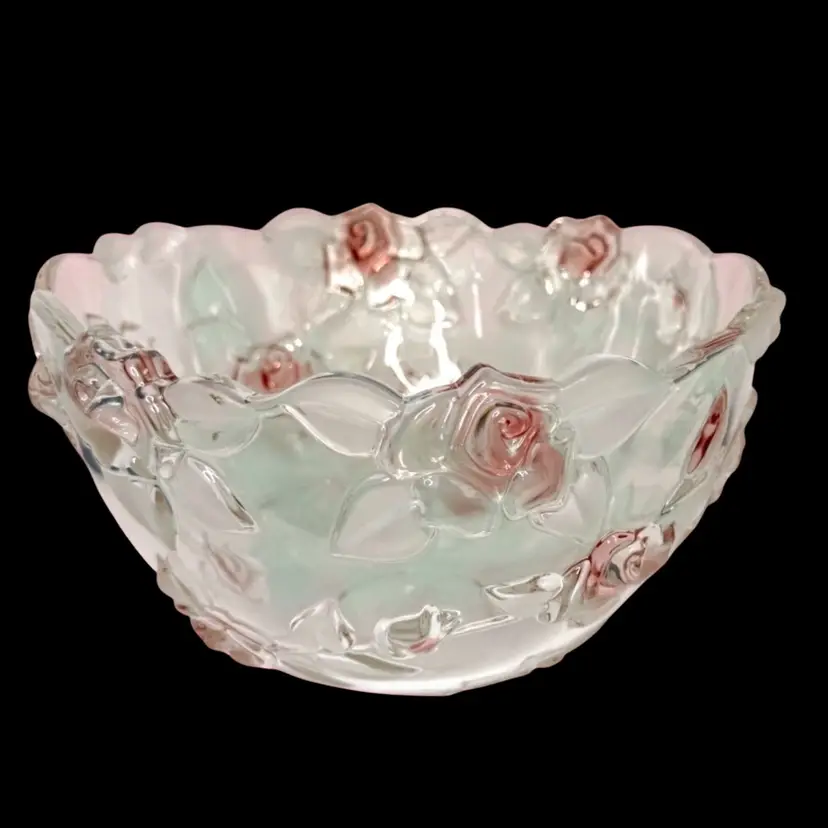 Heavy Mikasa "Bella Rosa" Crystal Glass Serving Bowl | Pink Frosted Roses & Leaves