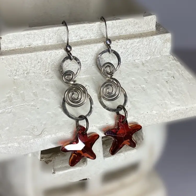 Double Swirled Silver Wire Earrings With Swarovski Starfish