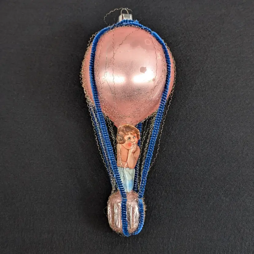 Antique Wire Wrapped Hot Air Balloon Christmas Ornament Mercury Glass Angel West Germany