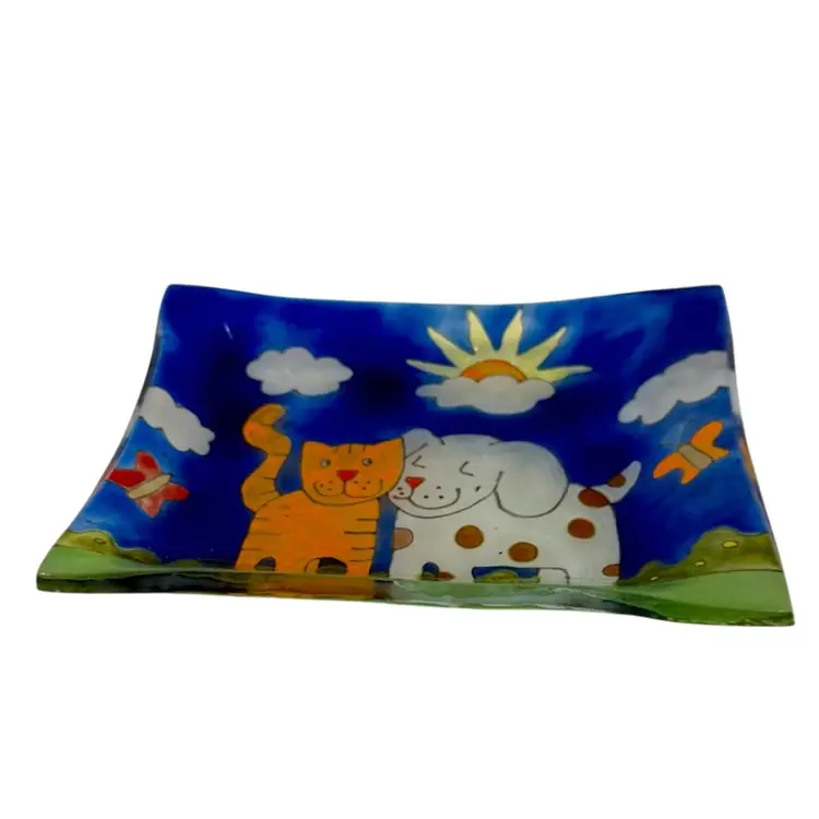 Trinket Dish Fused Glass Cat Dog Butterflies & Clouds Blue Orange & Green
 5 3/4” L x 4 1/2” W x 3/4”  H