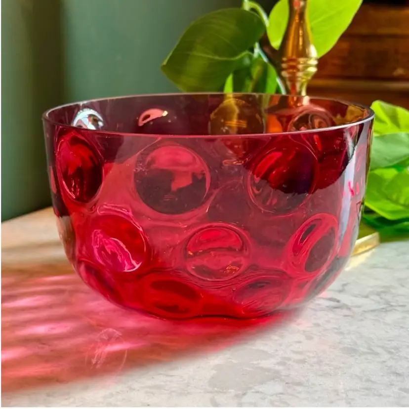 😻 CHIP SEE PIC, antique Late 19th century Victorian cranberry bowl glass w/inverted thumbprint or "dimpled" pattern