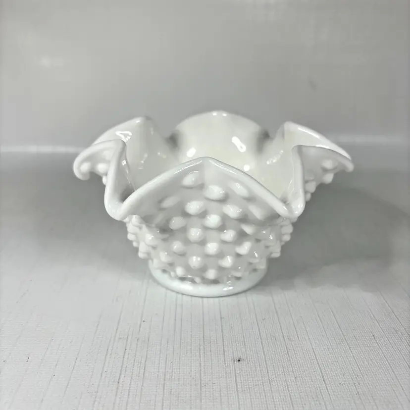 Fenton Hobnail Milk Glass Votive Holder Vintage Bowl Ruffled Rim 2.5" Tall
