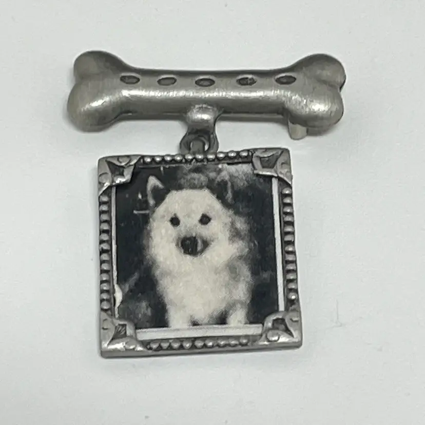 016 Vintage JJ (Jonette Jewelry) silver-tone dog bone and photo frame brooch.