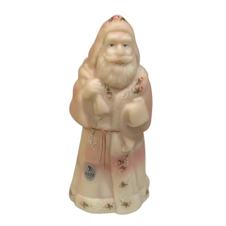 8” Pink Burmese Fenton Old World Santa - Handpainted Rosebud Pattern GLOWS - Signed By Bill Fenton & S Frederick