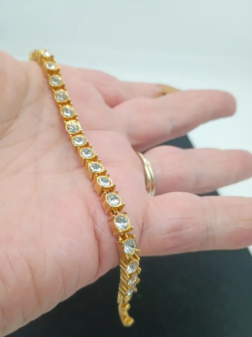 Vintage Rhinestone Tennis Bracelet Gold Tone Clear Bezel Set 7"
