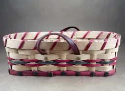 Vintage Amish Handcrafted Tri Color Oval Wooden Wicker Basket Leather Handles Solid Bottom