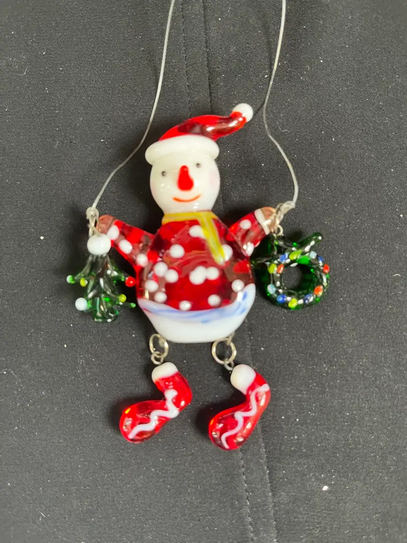 Art Glass Colorful Articulated Snowman w/ Christmas Tree & Wreath Ornament