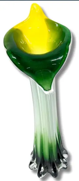READ Stunning Green, Yellow, White Jack-In-The-Pulpit Cased Art Glass Vase - 12 Inches Tall - No Chips or Cracks