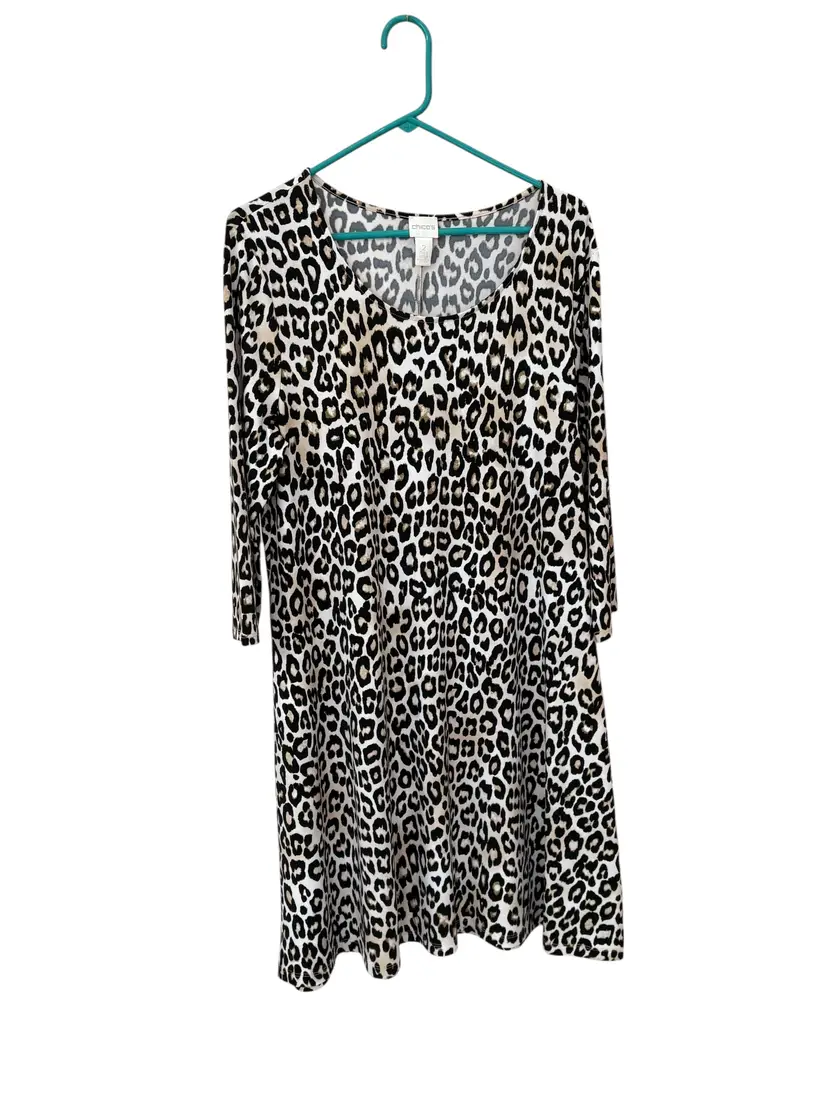 014. Chicos Tunic Dress Women Brown Cheetah Print 3/4 Sleeve