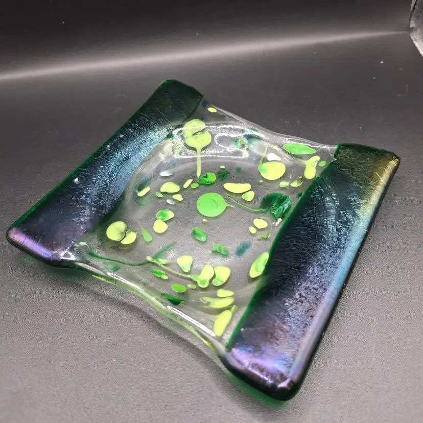 Handcrafted Fused Glass Square Trinket Dish Dresser With Green Accents