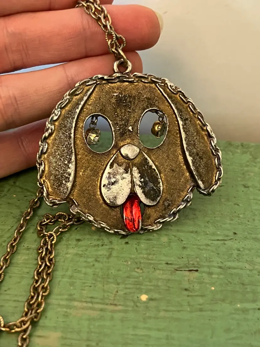 Vintage Dog Face Necklace. Dangle Eyes, Movable Tongue. Retro 1970s Puppy Head Jewelry