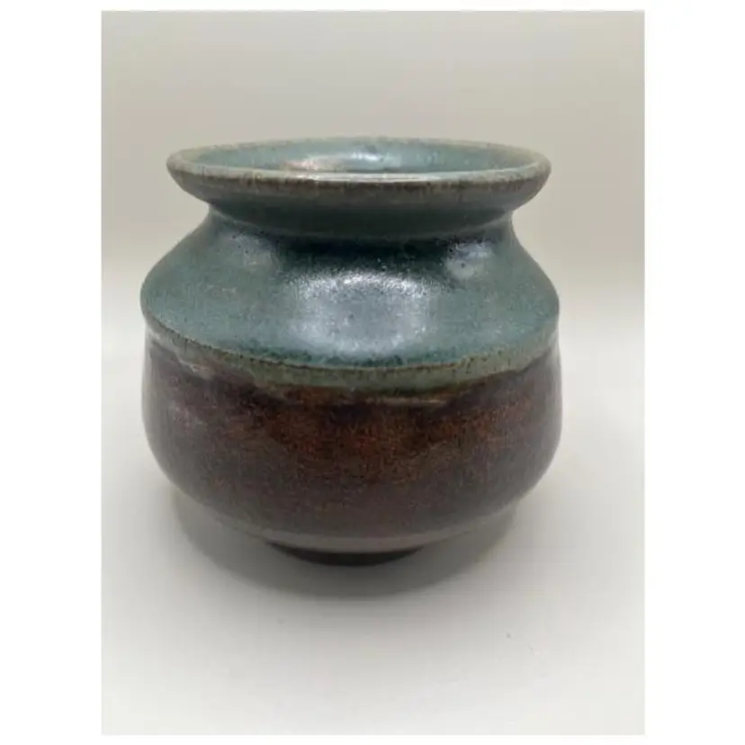 Vintage Handmade Pottery Vase ~ Blue & Brown Glaze ~ Unique Artisan Piece ~ Measures 4 inches tall