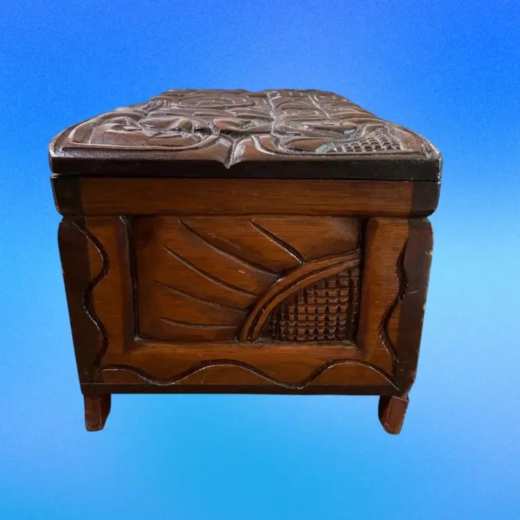 Vintage Hand Carved Wooden Mayan Motif Box, Honduras Signed - As is