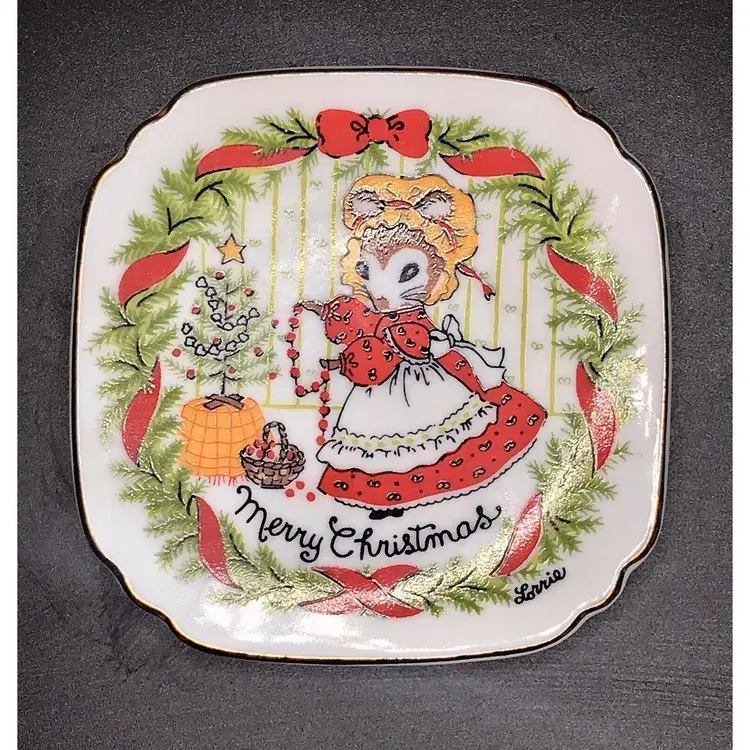 Retro Merry Christmas Mouse JAPAN Small Plate 3 1/2" Signed Lorrie