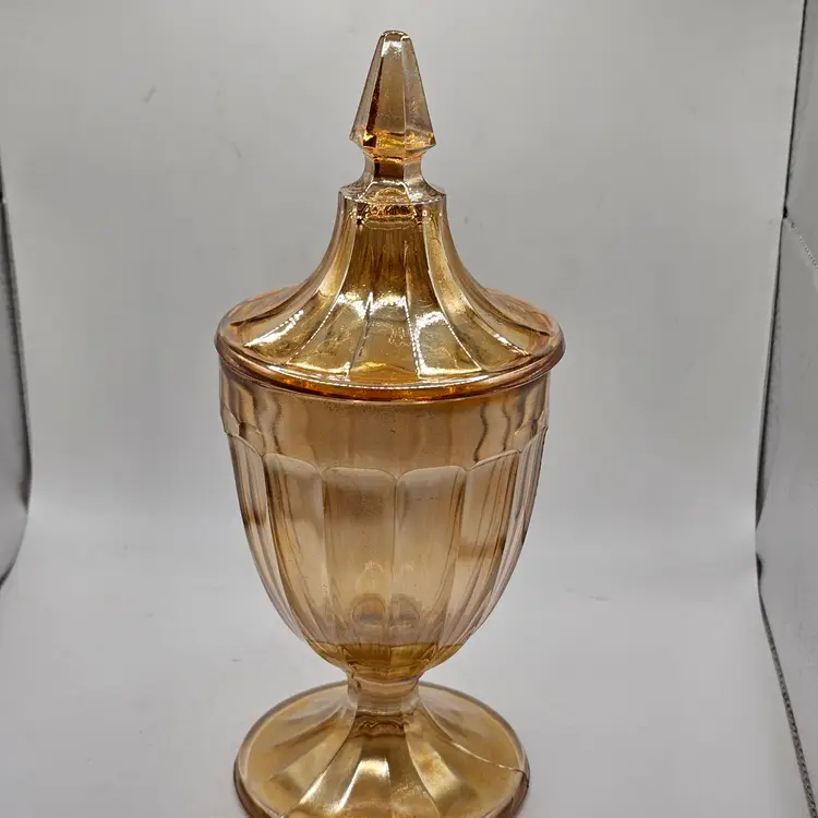 Marigold carnival glass candy dish vintage pedestal with lid
