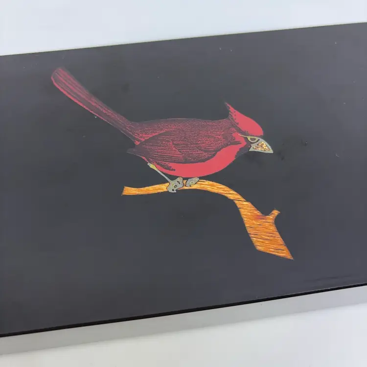 Vtg Couroc Of Monterey Inlaid Brass Wood Cardinal Enamel Trinket Box 8.25x3.75 2H