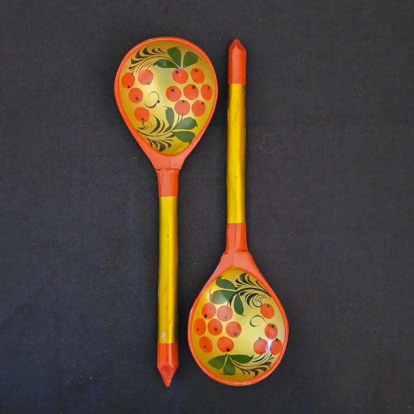 Folk Art Painted Wood Spoons Khokhloma Russian Gold Red Lacquer set of 2 Vintage
