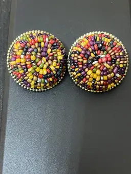 69) Vintage Multicolor Beaded Domed Clip On Earrings