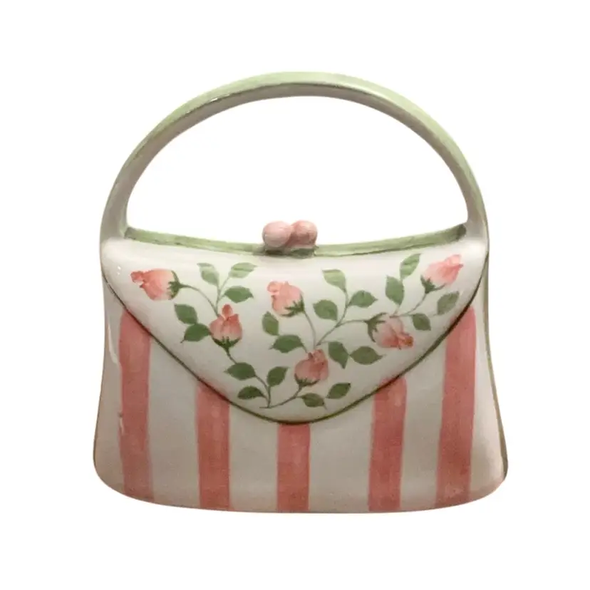 Andrea By Sadek Pink Stripes &Rose Buds Porcelain Purse Bank 6” X 6”