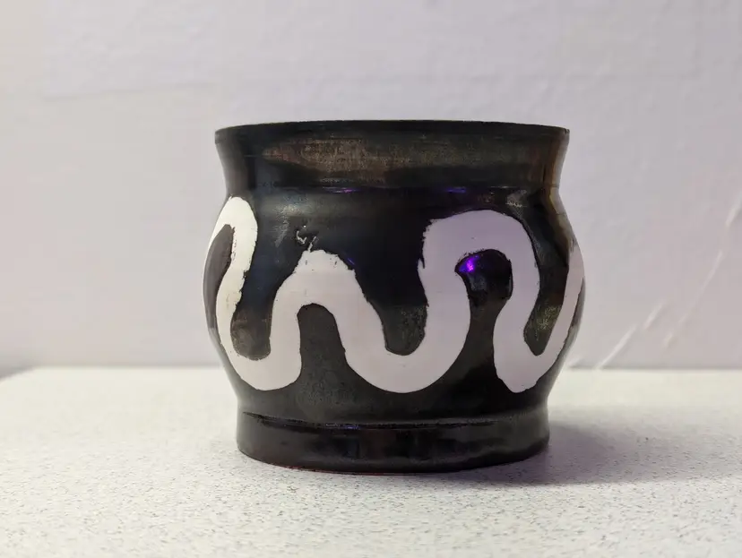 Vintage Hand Thrown Studio Pottery Metallic Tones & White Short Pot