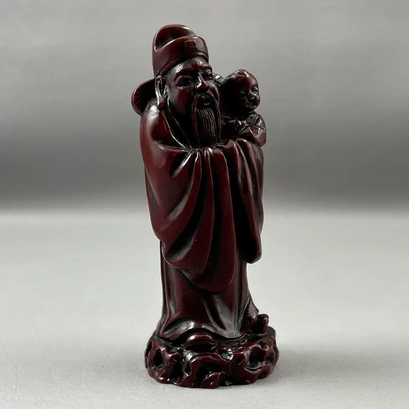Chinese Figurine Red God Wise Man Holding Baby Figurine 4"