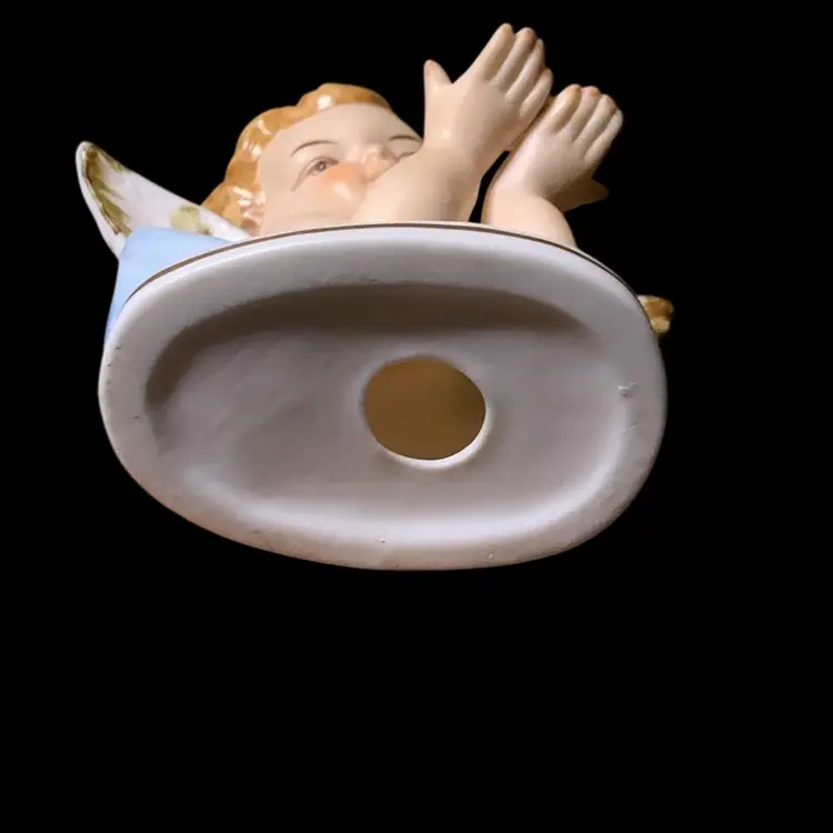 01. Vintage Blonde Porcelain Angel Figurine Blue Drape, Wings with Gold Highlights