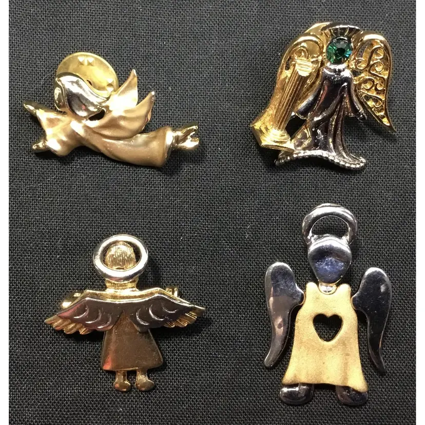 Christmas angel pins, lot of 4 two tone 2 tack pins, 2 brooches, Gigi, IMO, Avon