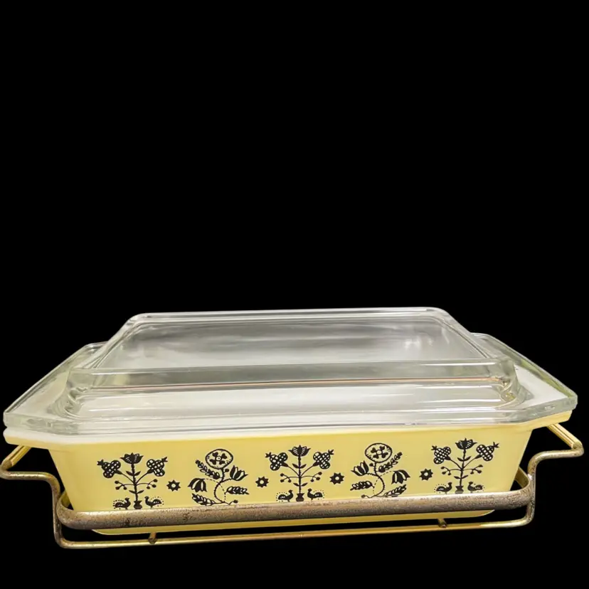 PYREX-1957-Space Saver Casserole Dish-Model 575-B-Sunshine Yellow Base w/ Black "Needlepoint" or "Embroidery" Floral & Bird Pattern