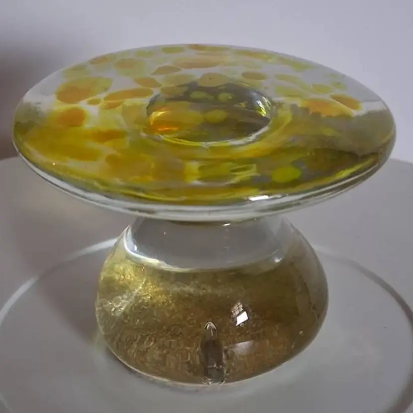 Vintage 1972 BLENKO GLASS Yellow Spotted Mushroom Paperweight #7020S~It GLOWS!