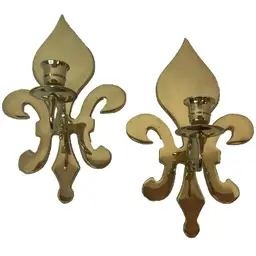 Vintage Pair Brass “Fleur De Lis” Shaped Candle Wall Sconces