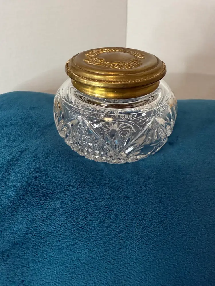 Vintage Pressed Cut Glass Ornate Brass Lid Vanity Jar