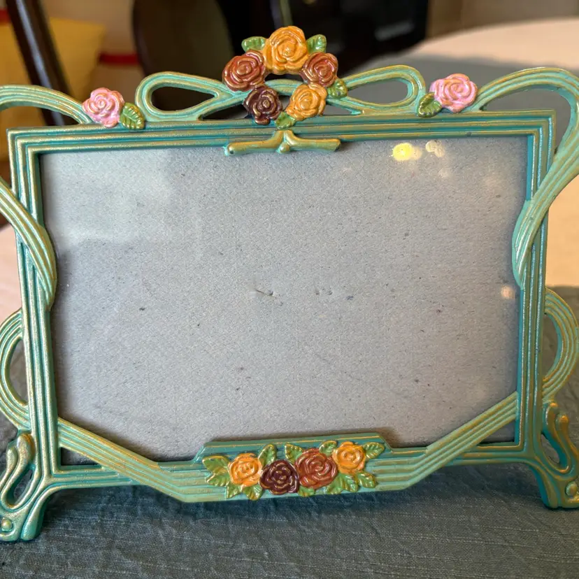 Russ Berrie Co. Handpainted Photo Frame 5”x7” Green And Floral/Rose Border Edge