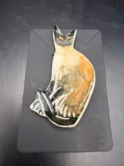 Ceramic Hand Made Signed Siamese Cat Brooch 3”