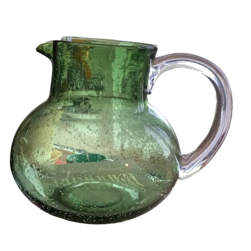 Vintage Handblown Pitcher Dark Green Glass With Uncontrolled Bubbles Possibly Artland Iris Glass