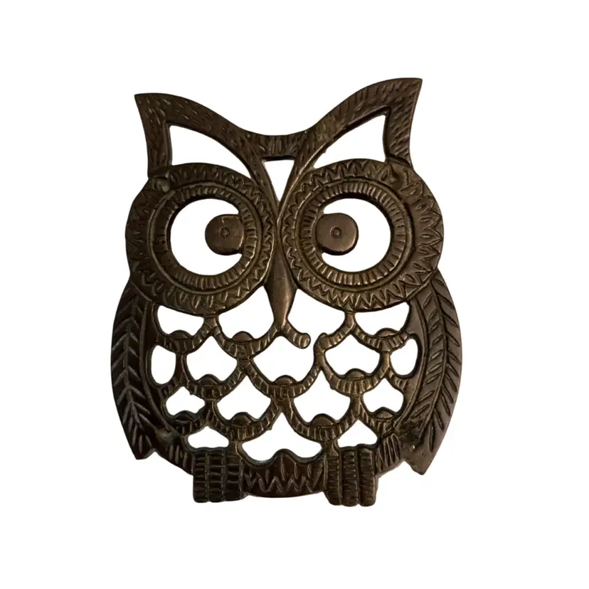 Footed Brass Owl Trivet 5” x 4.25”